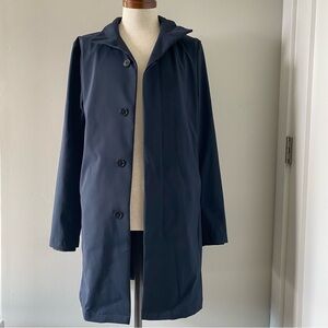 Theory men’s navy lightweight stand-collar long coat, XS